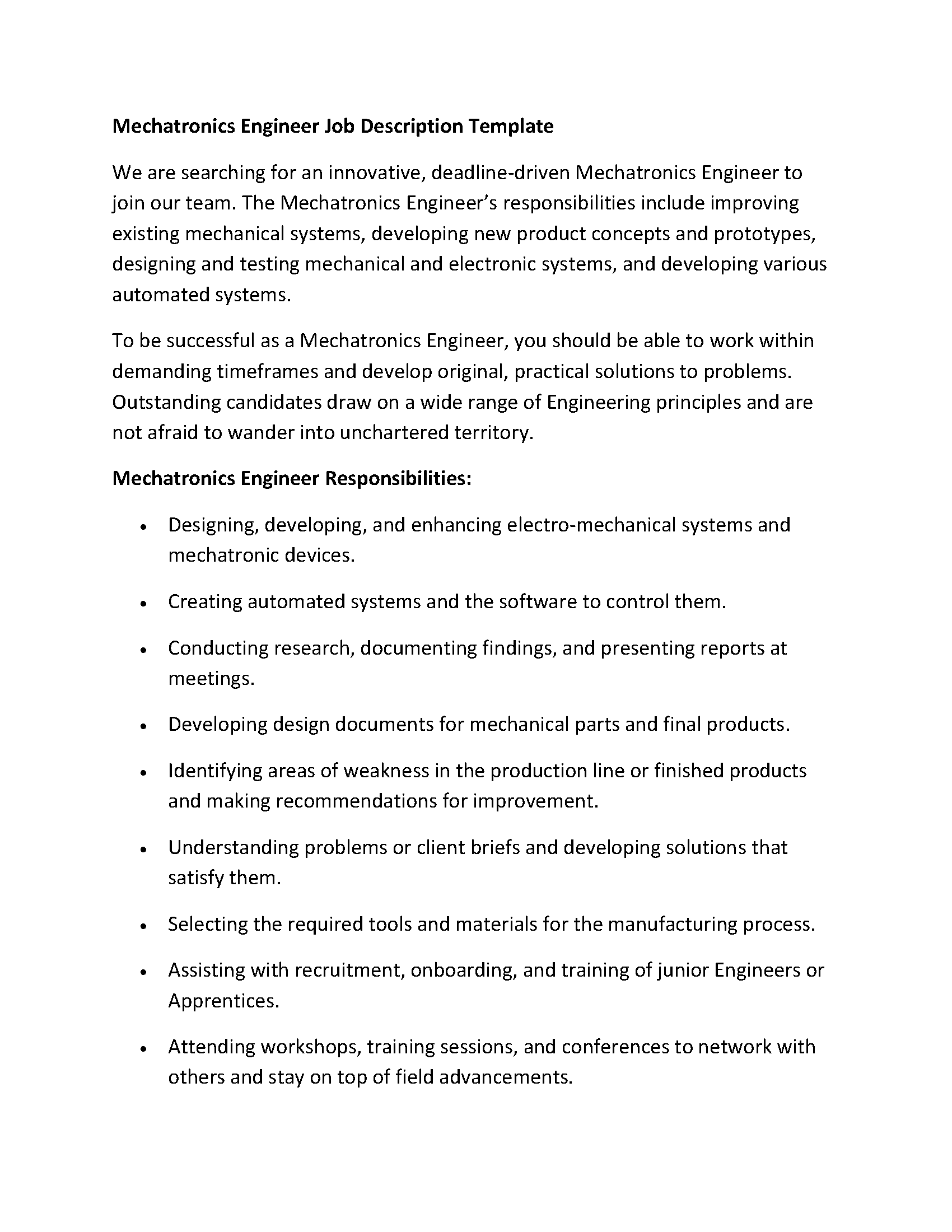 Mechatronics Engineer Job Description Template